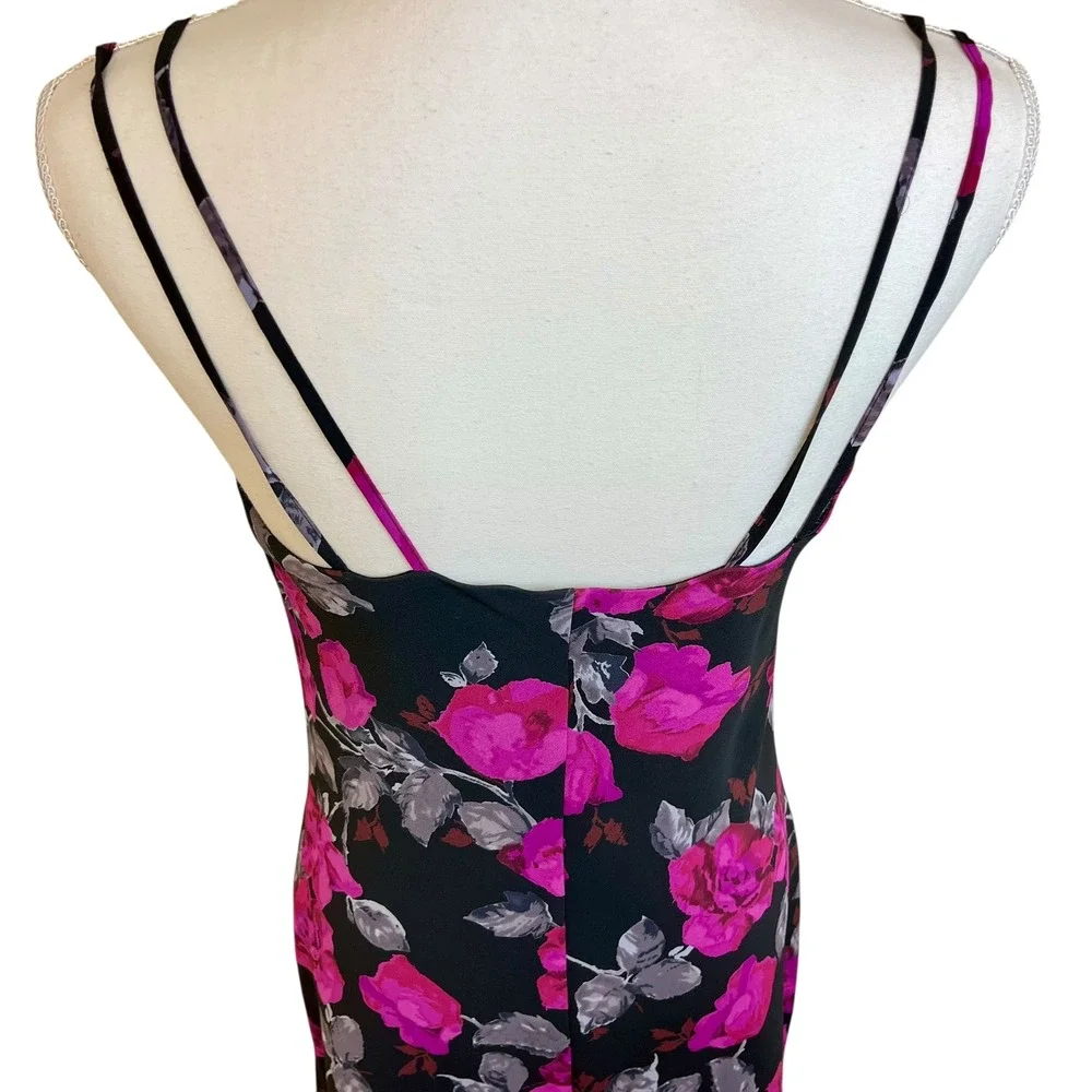 NEW YORK COMPANY Y2K 90s Black‎ Floral Midi Slip Dress Cowl 6 Beaded Phoebe